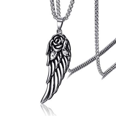 Imagem de Colar vintage com pingente de asa de anjo de flor rosa de aço inoxidável para homens e mulheres, corrente de caixa de 61 cm, Aço inoxidável