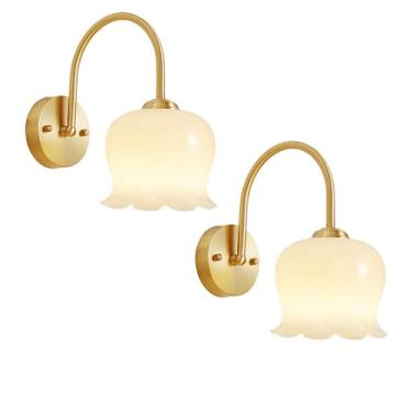 Imagem de TIYETA Luminária de parede de vidro vintage, arandela floral, luminária de parede de latão, luminária de cabeceira dourada para sala de estar, quarto,banheiro,corredor,Gold 2pcs