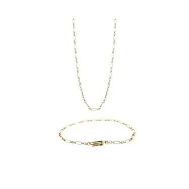 Imagem de Conj. Colar e Pulseira Elos Grumet Fina Banhada Ouro Semijoia Antialérgica Delicada Moderna Casual Minimalista Masculina