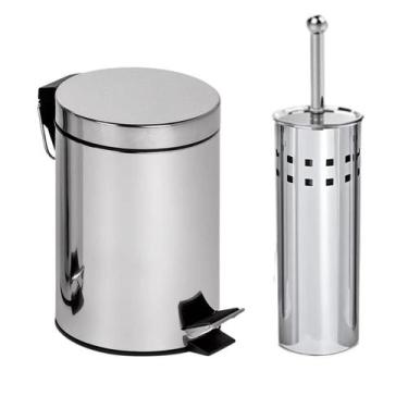 Imagem de Kit Lixeira Inox 3L e Escova Sanitária Aço Inox Suporte com Tampa - Cl