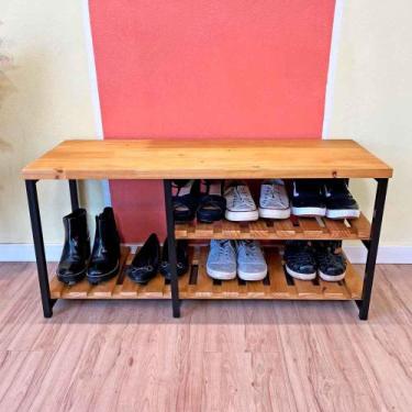 Imagem de Sapateira Banco Sarrafeada Style Industrial de Ferro e Madeira Nozes e