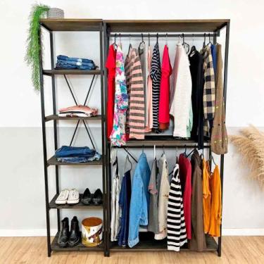 Imagem de Kit Arara de Roupas Twice e Estante Style Slim Tabaco e Preto - ArtFac