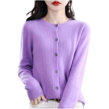 Imagem de Suéteres cardigã primavera e outono oco de lã cardigã feminino com gola redonda suéter de caxemira tricotado sem costura camisa de fundo torre externa, roxo romântico, M