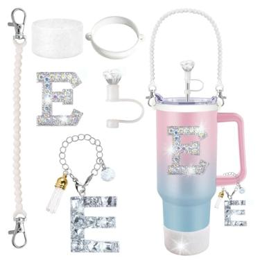 Imagem de Stanley Cup Accessories 850.5 g 1,134.0 g Glitter Silver, capa de canudo de diamante, pingente de letra, adesivo de letra, bota de silicone, suporte com alça incluído para copo Stanley