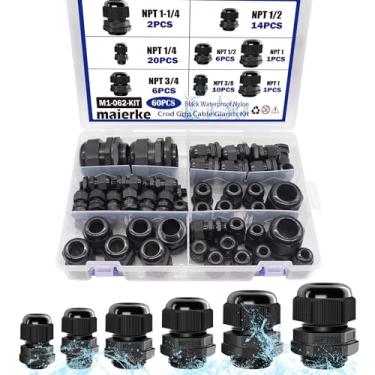 Imagem de maierke Kit de prensa-cabos de nylon NPT 60 peças, IP68 à prova d'água ajustável 1/4" 3/8" 1/2" 3/4" 1" 1-1/4" conectores de cabo de alívio de tensão preto com juntas M1-062-KIT