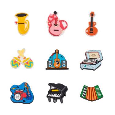 Imagem de 9 peças de contas de silicone para instrumento musical, piano, violão, trompete, acordeão, contas focais, microfone, fonógrafo, contas espaçadoras de silicone para chaveiro faça você mesmo, cordão