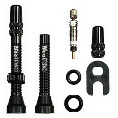 Imagem de NeoPRO Conjunto de haste de válvula Presta sem câmara de ar 40/60/65/80/100 mm com ferramenta de remoção de núcleo de valor e tampas de haste de válvula (par) serve na maioria dos aros sem câmara de ar de bicicleta (preto, 40 mm)