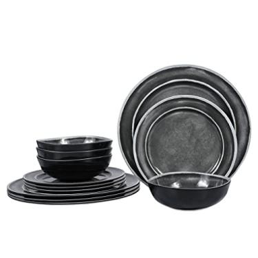 Imagem de Conjuntos de louça de melamina - Conjunto de 12 pratos e tigelas de melamina para 4, adequado para uso interno e externo, preto