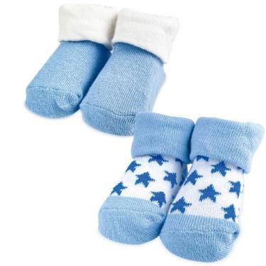 Imagem de Kit de Meia para Recém Nascido Infantil Menino 2 Pares Azul Lisa Estre