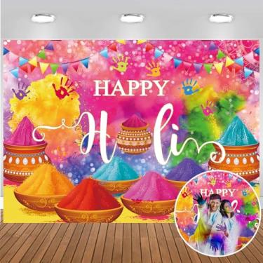 Imagem de Happy Holi Pano de fundo indiano colorido em pó grafite hindu Holi decorações de fundo indiano com estampa de impressão à mão para decoração de festa de festival Holi Banner (1,78 x 1,78 m x 101,6 cm)