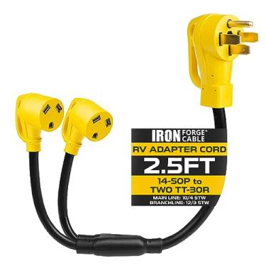Imagem de Iron Forge Cable Cabo de alimentação para trailer, gerador e adaptador elétrico RV, plugue macho 14-50P para dois TT-30R fêmea, adaptador de plugue de 2,5 pés - 10/4 STW amarelo