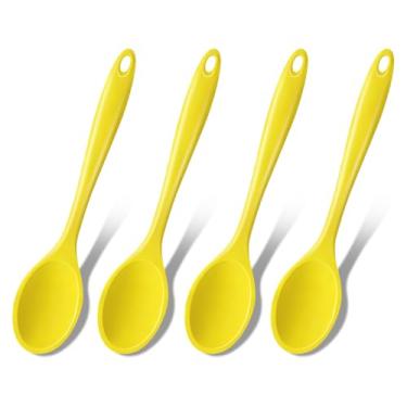 Imagem de GEEKHOM Colheres de cozinha de silicone, 4 peças, conjunto de utensílios de cozinha de silicone resistente ao calor de 20 cm para servir colheres de mexer para cozinhar antiaderente, misturar, regar,