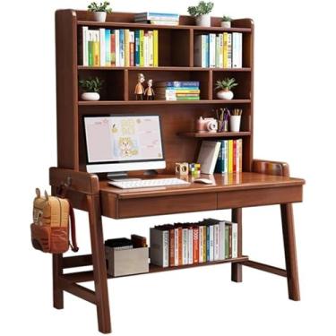 Imagem de Mesa de madeira maciça com estante integrada, ideal para escritório em casa ou quarto (cor: nogueira + cadeira A, tamanho: 120 x 60 x 186 cm), cor nogueira, 100 x 60 x 186 cm