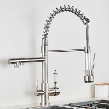 Imagem de Filtro Purificação Água Torneira de Cozinha 3 Cores Pura Água Torneiras de Cozinha Pull Down Torneira Misturadora de Água Quente e Fria, Níquel Escovado A