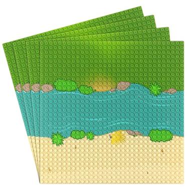 Imagem de Feleph Classic Baseplate with River and Grassland Pattern, 10 x 10 Inches Base Plates for Building Blocks Mat Compatible with Major Brands (Straight 4 Pieces)