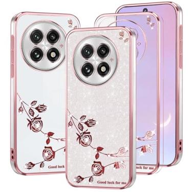 Imagem de Kainevy Capa para Oneplus 13 transparente com glitter fofo rosa floral bling capa para mulheres meninas Oneplus 13 capa de telefone fina de silicone TPU à prova de choque proteção diamante brilhante