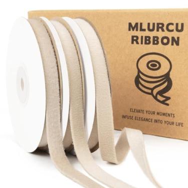 Imagem de Mlurcu Fita de veludo bege 9,5 cm x 55,3 m, vintage, fina, dupla face, conjunto de fitas de veludo bege para enfeites de árvore de Natal, embrulho de presente, decoração de casamento, grinaldas e