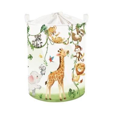 Imagem de HUUMONSS Girafas Cesto de roupa suja para bebês com alça dobrável cesta de armazenamento infantil elefantes meninos meninas caixa de brinquedo para quarto de bebê, branco, 63L