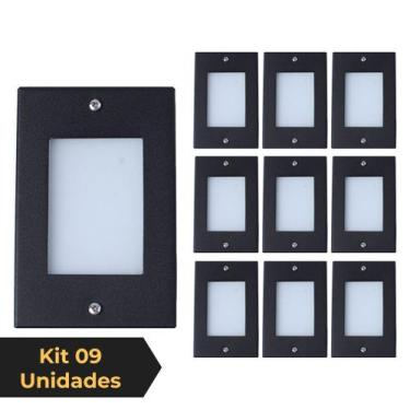 Imagem de Kit 9 Balizador de Embutir Escada Parede Preto 4x2 Alumínio - Iluminar
