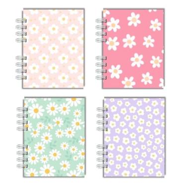 Imagem de Kit Com 4 Cadernos Capa Dura para anotação cadernos de bolso, A6, cadernos wire-o, pautados para faculdade e escola, para mulheres, presente, escritório, material escolar - Capas Margaridas Tons Pasteis