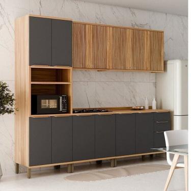 Imagem de Cozinha Modulada Completa 270cm 5 Peças 13 Portas com Tampo 100% MDF Noruega Fresada Espresso Móveis Amêndoa/Cinza