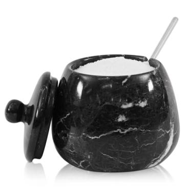 Imagem de Saleiro de mármore com tampa Recipientes de sal pretos feitos à mão para bancada, adega de sal com tampa e colher, caixa de sal, recipiente de sal e pimenta