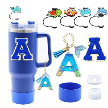 Imagem de Liangang Conjunto de acessórios de copo Stanley azul oceano, 9 peças, incluindo bota, tampa à prova de derramamento, 4 peças de capa de canudo de animais, pingente de alça de iniciais e carta adesiva