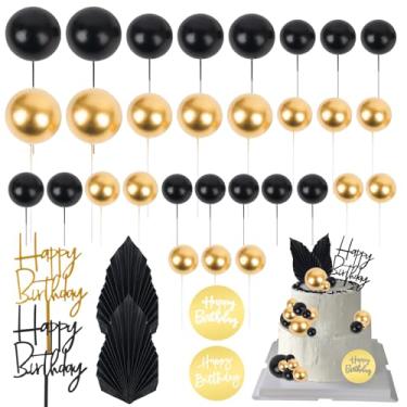 Imagem de 36 peças mini bola de topo de bolo inserção de cupcake enfeite de bolo acrílico decorações de bolo para festa de aniversário de casamento boho preto suprimentos de chá de bebê (preto, ouro)