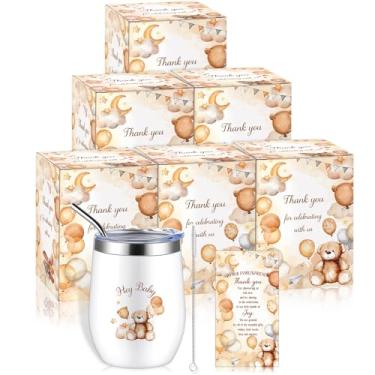 Imagem de Hoolerry 6 conjuntos de lembrancinhas para chá de bebê, copo de vinho isolado de 350 ml, copo de aço inoxidável com tampas, canudos e pincéis, cartões e caixas de café para convidados presentes chá de