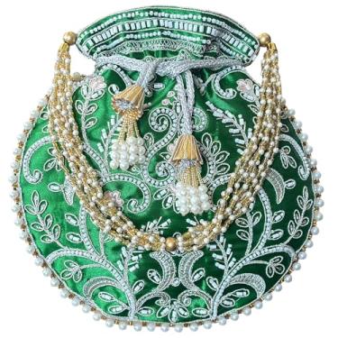Imagem de Bolsa Potli feminina de ouro étnico, detalhes florais com alça de pérola, fecho de cordão, alça de pérolas, bolsa clutch Batwa, Verde (Drak Green), Medium