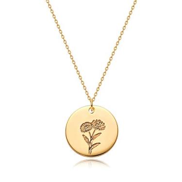 Imagem de MYEARS Colares femininos de moedas de ouro para o mês de nascimento, buquê de flor, pingente de medalha redonda gravado, floral, banhado a ouro 14 K, combinando, joias personalizadas, aniversário