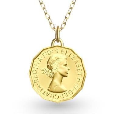 Imagem de Medalhão de moeda britânico genuíno banhado a ouro e prata 24K | Colar | Rainha Elizabeth II | 1954-1970, Latão banhado a ouro, Sem Pedra Preciosa