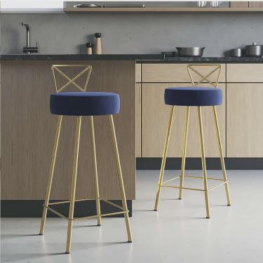 Imagem de Kit 02 Banqueta Alta Com Encosto Tânia Eiffel Cozinha Bar Bistrô Ferro Dourado Corino Azul Marinho - Ahazzo Móveis