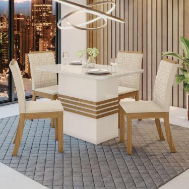 Imagem de Conjunto Sala De Jantar Tampo Mdf Com Vidro Canto Arredondado 120 Cm 04 Cadeiras Marilia Casa 812 Off White Com Nature E Linho