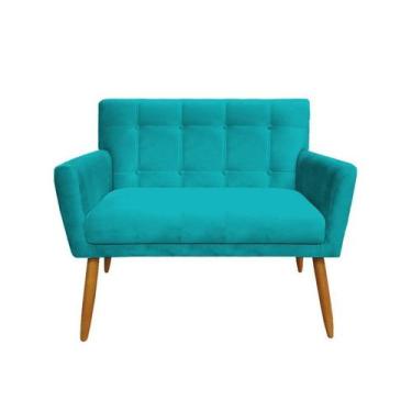 Imagem de Namoradeira Decorativa Onix Suede Azul Turquesa 2 Lugares Pés Madeira 