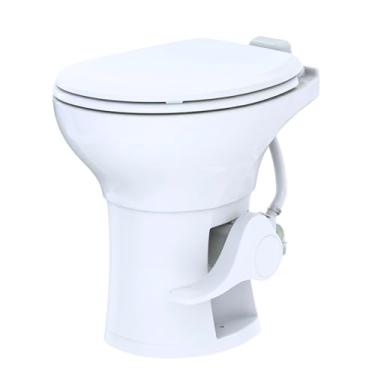 Imagem de SEAFLO Vaso sanitário residencial para trailer/trailer com tigela de cerâmica alongada, altura padrão de 48 cm, sistema de descarga por gravidade, operação com pedal, assento macio, garantia de 4 anos