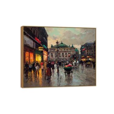 Imagem de Edouard Cortes Pictures-Famous Canvas Prints-Moldura de madeira Pintura de parede para sala de estar quarto decoração de casa (Avenida da Ópera após chuva) 60x70cm-23x27in