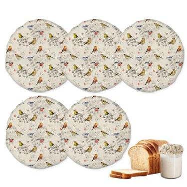 Imagem de Tampas de pote para iniciantes Sourdough, pacote com 5 tampas de pano de pássaros vintage reutilizáveis para potes de 7 a 10 cm, ideal para kefir de kombucha ou fermentação de queijo