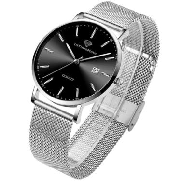 Imagem de INTIMEMATE Relógio masculino preto minimalista, ultrafino, casual, fácil de ler, analógico, à prova d'água, vestido moderno, prata, relógio masculino luminoso Reloj De Hombre, relógio preto prateado