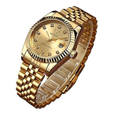 Imagem de Relógio masculino de quartzo unissex fashion de luxo com calendário de aço inoxidável, strass, à prova d'água, esportivo, esportivo, Dourado