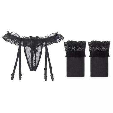 Imagem de Conjunto Cinta Liga de Renda Meias Sensuais ElaShopp, Preto