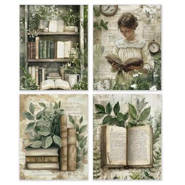 Imagem de BESERH Nature Bookish Wall Decor, Impressões de arte de parede de livro botânico vintage, Cottagecore Plant Woman Reader Book Posters for Reading Room Corner Nook Library, 20 x 25 cm, conjunto de 4