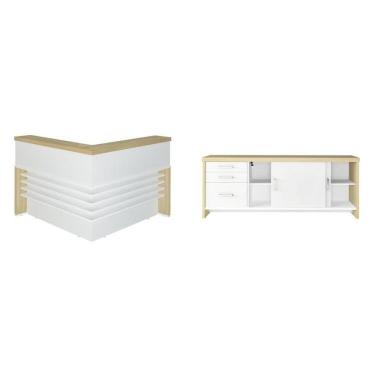 Imagem de Conjunto Recepção Balcão De Atendimento E Balcão Tamburato Com 3 Gavetas Carvalho Branco