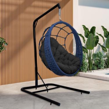 Imagem de Cadeira Balanço Ninho Suspenso Em Corda Náutica Luxo Com Suporte Azul-preto