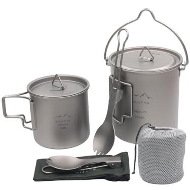 Imagem de SANTTA Conjunto de panelas de acampamento de titânio – pote de 700 ml com copo de bebida de 380 ml e garfo dobrável, mochila compacta e utensílios de cozinha de viagem para acampamento, caminhada e