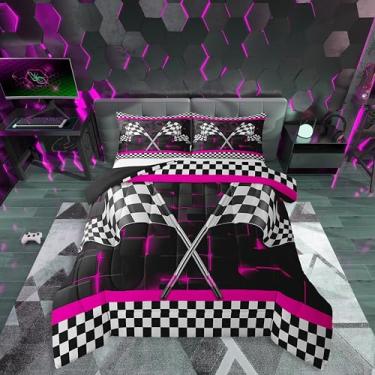 Imagem de Erosebridal Conjunto de edredom solteiro com bandeira de carro de corrida para meninos, adultos, luzes neon, rosa, xadrez, quadriculado, 3D, preto e branco, com 1 fronha, reversível