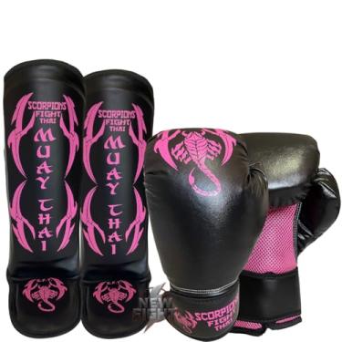 Imagem de Luva Muay Thai Boxe Kickboxing+caneleira Protetor De Canela (Rosa, 12oz)