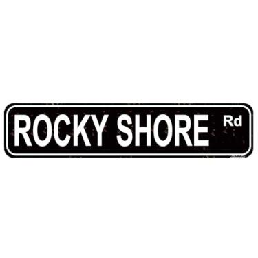Imagem de Placa de metal Rocky Shore Road - Placa de nome de rua estilo vintage - Decoração de parede rústica de 40 x 10 cm para casa e jardim