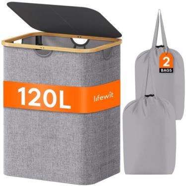 Imagem de Cesto de roupa suja Lifewit 120L com tampa e bolsa removível cinza cla