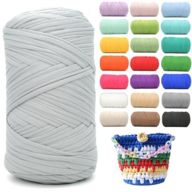 Imagem de Camiseta de 400 g para crochê, cinza claro, tecido elástico macio, grosso, fio de crochê para crochê, tricô iniciante, tricô à mão, para bolsa/artesanato faça você mesmo/decoração de casa - cinza